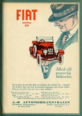 Reklamannons för Fiat modell 501, från AB Automobilcentralen, med kontor i Stockholm och Malmö.