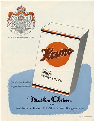 Reklam för Martin Olssons kaffeersättning (kaffesurrogat) av märket Kamo, lanserat 1941.