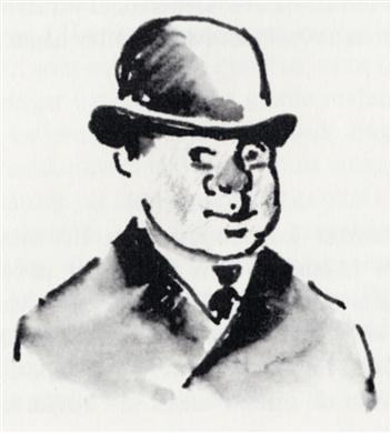 Teckning av en man som hette Malmgren och var anställd som säljare hos Martin Olsson några år på 1930-talet.