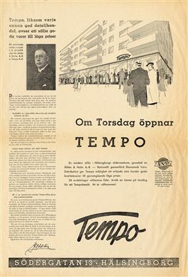 Affischreklam för varuhuset Tempo som snart skall öppna på Södergatan 13 i Hälsingborg (Helsingborg).
