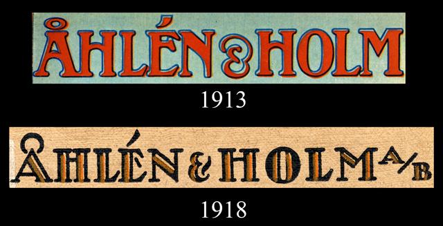 Företagsnamnet Åhlén & Holm som textlogotyp, två varianter hämtade från postorderkataloger.