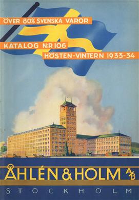 Postorderkatalog 1933-1934, framsida. Inkluderar en teckning av huvudkontoret och lagret vid Skanstull i Stockholm.