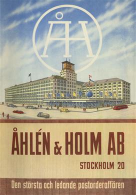 Postorderkatalog 1942, framsida. Inkluderar en teckning av huvudkontoret och lagret vid Skanstull i Stockholm.