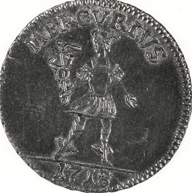 Ett gammalt mynt från 1718. Föreställer handelsmännens gud Mercurius.