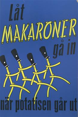 Reklamaffisch: marscherande makaroner, 1945-60.